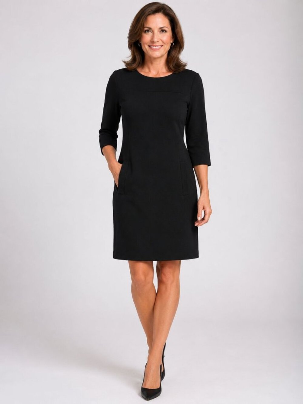 Eliza J Black Sheath Dress 3/4 Sleeve Pockets Career Work Size 6